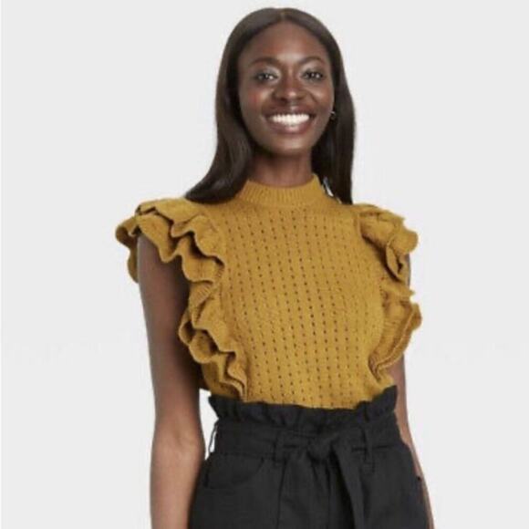 Who What Wear Flutter Sweater, Sleeveless, Rear Button, Yellow, size Large - Picture 1 of 12